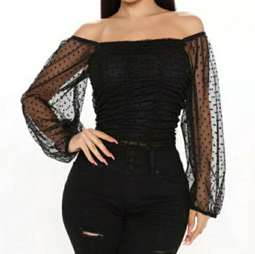 Ambiance Black Sheer Polka Dot Smocked Cropped Longsleeve Blouse, Size S